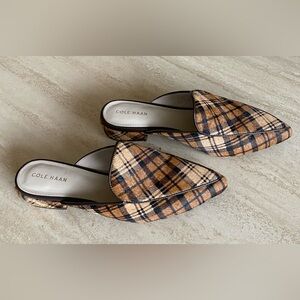 COLE HAAN Piper Plaid Print Calf Hair Loafer Mules Real Fur | Camel Brown Black